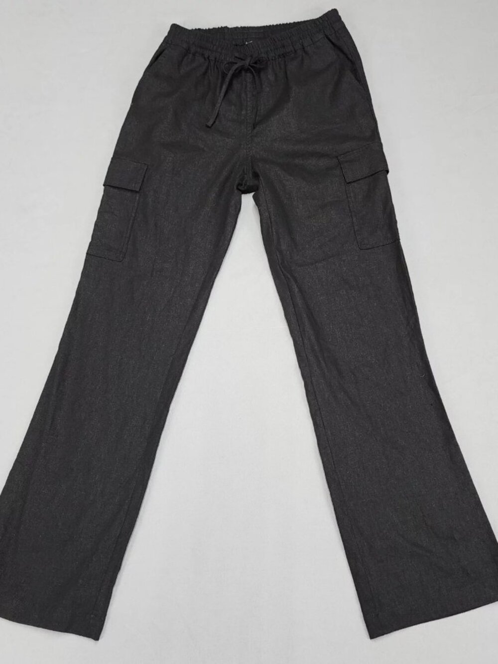 Love Tree Womens S Black Linen Blend Cargo Pants Mid Rise Elastic Waist